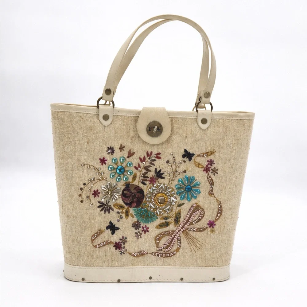 Vintage 60s Jewel Tone  Wood Tote Handbag Collins Style Purse Floral Bucket